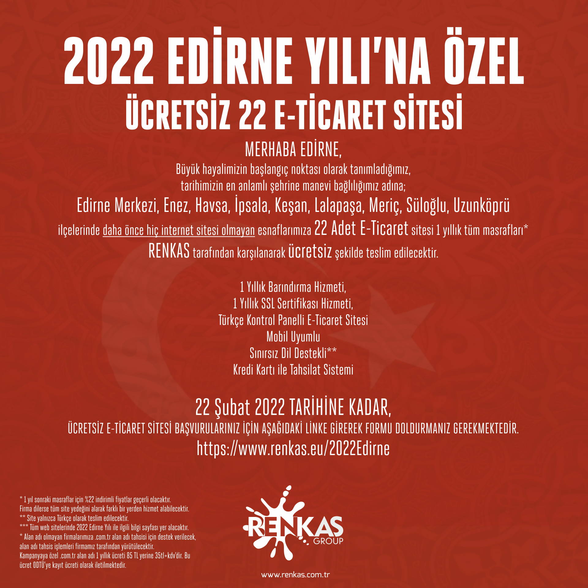 Renkas Edirne Yılı 22 Adet Ücretsiz E-Ticaret Sitesi Kampanyası